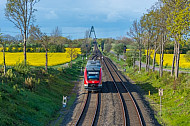 Ein Regionalzug vor der Fehmarnsundbrücke in Schleswig-Holstein