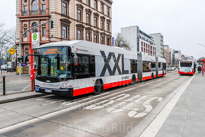 Zwei XXL-Busse an der neu gebauten Haltestelle Universität in Hamburg 