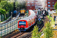 S-Bahn im Endbahnhof Wedel bei Hamburg neben historischer Dampfbahn